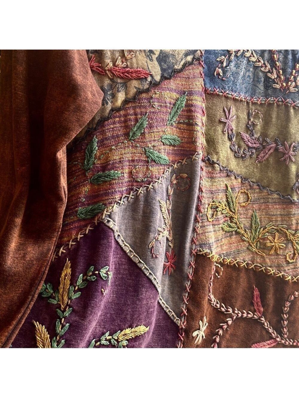 Vintage Windhorse Boho Patchwork Embroidered Long Sleeve Wearable Art Top - Picture 6 of 12
